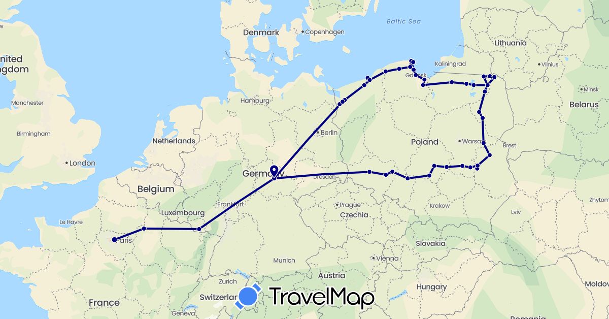 TravelMap itinerary: driving in Germany, France, Poland (Europe)